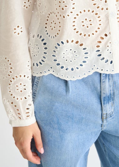 Gini London White Cotton Broderie Scallop Boxy Shirt Sequin V Neck Cami Top