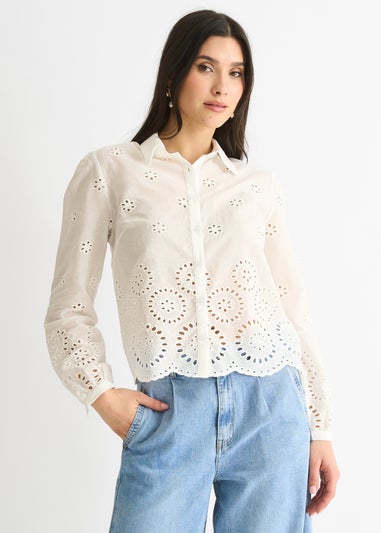 Gini London White Cotton Broderie Scallop Boxy Shirt Sequin V Neck Cami Top