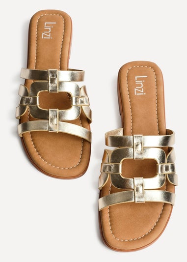Linzi Lupita Gold Faux Leather Linked Flat Slider Sandal