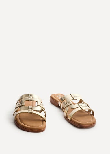 Linzi Lupita Gold Faux Leather Linked Flat Slider Sandal