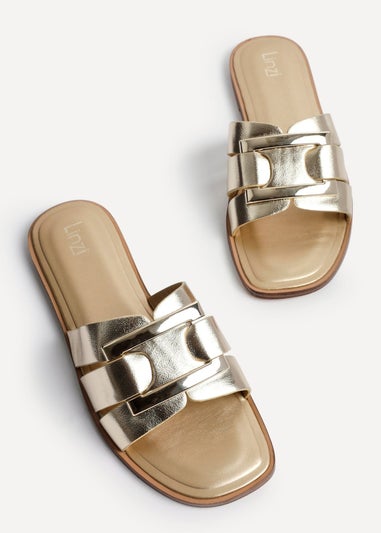 Linzi Kenna Gold Faux Leather Buckle Flat Slider Sandal