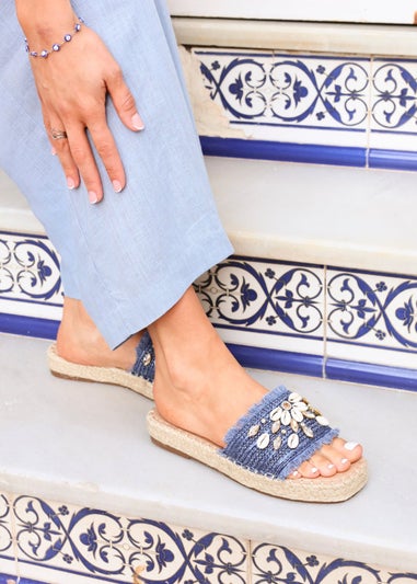 Linzi Seaside Blue Raffia Shell Embellished Flat Slider
