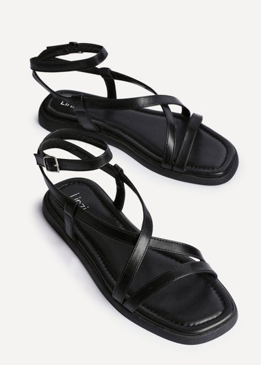 Linzi Valor Black Faux Leather Strappy Flat Sandals