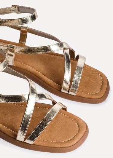 Linzi Valor Gold Faux Leather Strappy Flat Sandals