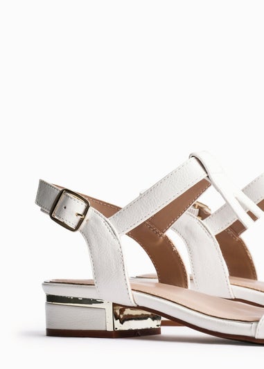 Linzi Deluxe Wide Fit White Faux Leather T Bar Looped Low Heeled Sandal