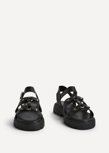 Linzi Hattie Black Faux Leather Studded Gladiator Chunky Sandals