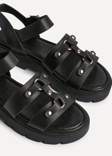 Linzi Hattie Black Faux Leather Studded Gladiator Chunky Sandals