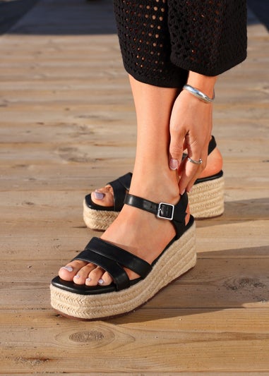 Linzi Contour Black Faux Leather Flatform Two Part Sandal