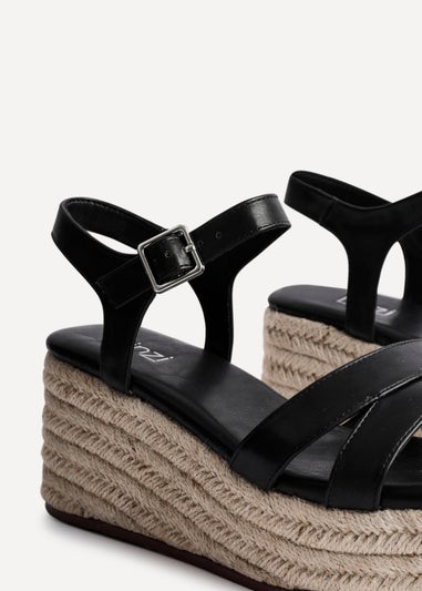 Linzi Contour Black Faux Leather Flatform Two Part Sandal