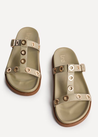 Linzi Notice Sage Green Faux Leather Studded Flat Sandals
