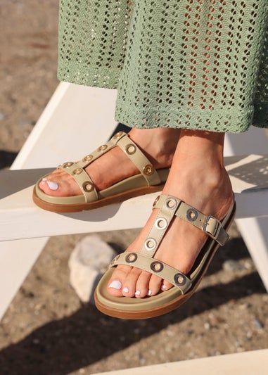 Linzi Notice Sage Green Faux Leather Studded Flat Sandals