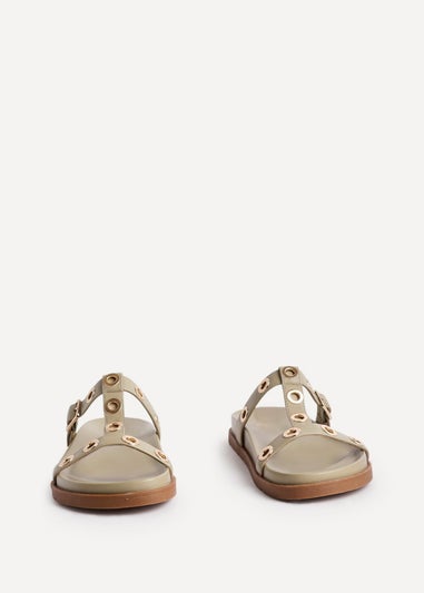 Linzi Notice Sage Green Faux Leather Studded Flat Sandals