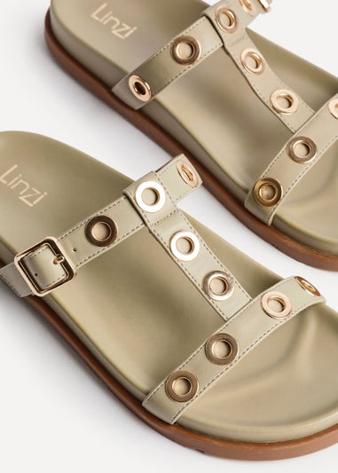 Linzi Notice Sage Green Faux Leather Studded Flat Sandals