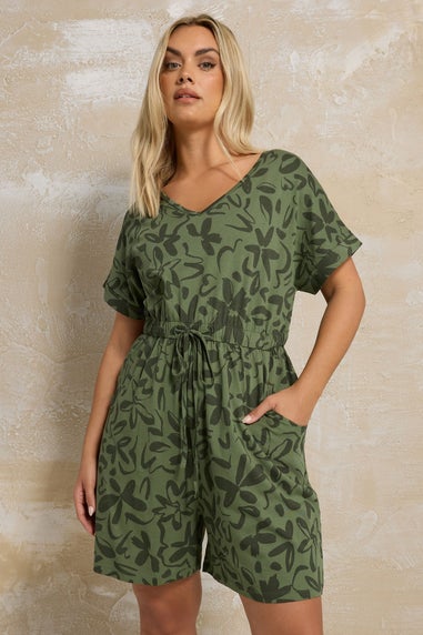 Yours Curve Khaki Green Floral Print Cotton Playsuit