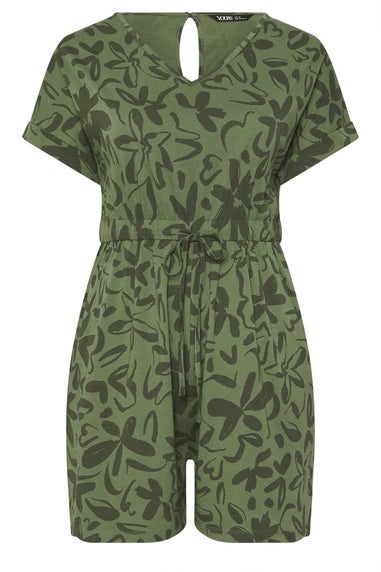 Yours Curve Khaki Green Floral Print Cotton Playsuit