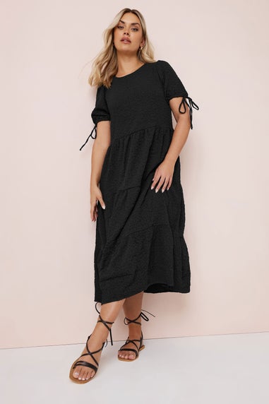 Yours Curve Black Textured Ditsy Floral Tie Back Dress