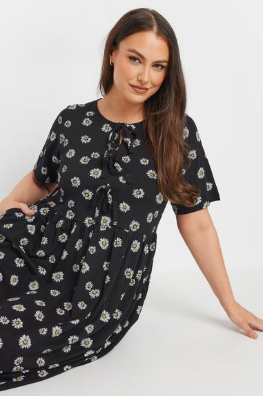 Yours Curve Black Daisy Print Bow Tie Front Dress