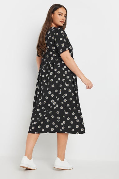 Yours Curve Black Daisy Print Bow Tie Front Dress
