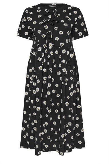 Yours Curve Black Daisy Print Bow Tie Front Dress