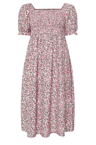 Yours Curve Pink Floral Shirred Square Neck Midaxi Dress