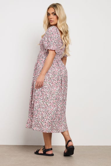 Yours Curve Pink Floral Shirred Square Neck Midaxi Dress