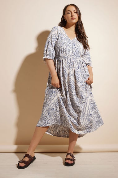 Yours Curve Blue Paisley Print Textured V Neck Dress