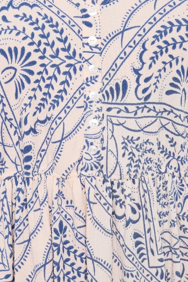 Yours Curve Blue Paisley Print Textured V Neck Dress