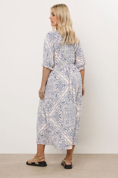 Yours Curve Blue Paisley Print Textured V Neck Dress