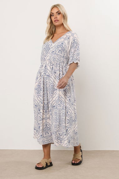 Yours Curve Blue Paisley Print Textured V Neck Dress