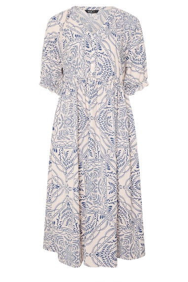 Yours Curve Blue Paisley Print Textured V Neck Dress