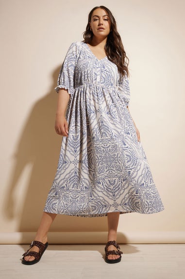 Yours Curve Blue Paisley Print Textured V Neck Dress