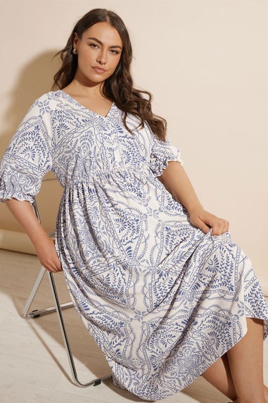 Yours Curve Blue Paisley Print Textured V Neck Dress