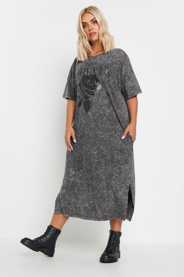 Yours Curve Grey Rose Graphic Print T Shirt Dress