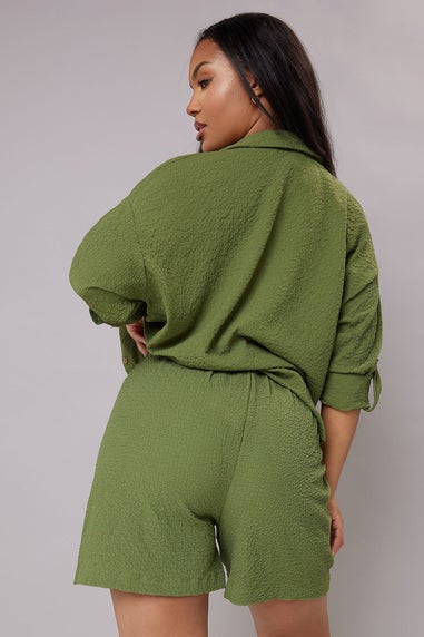 Yours Curve Khaki Green Textured Pull On Shorts