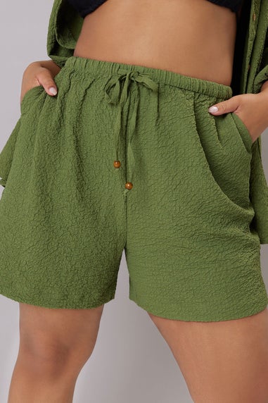 Yours Curve Khaki Green Textured Pull On Shorts