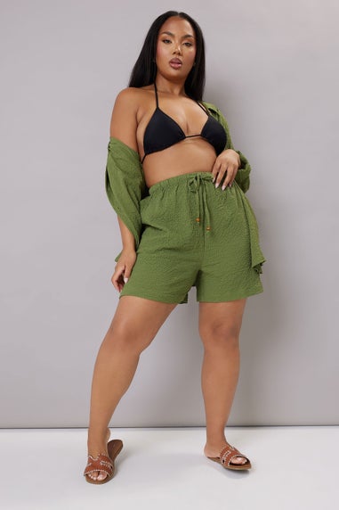 Yours Curve Khaki Green Textured Pull On Shorts