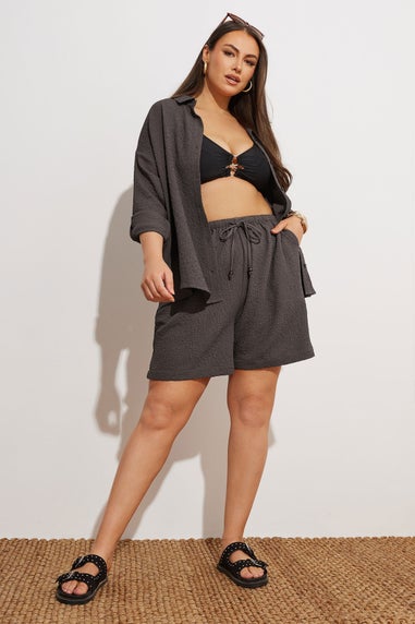 Yours Curve Chocolate Brown Textured Pull On Shorts