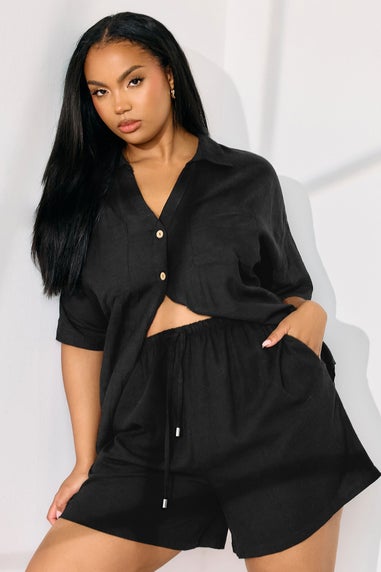 Yours Curve Black Tie Front Linen Shorts
