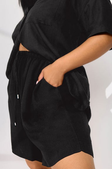 Yours Curve Black Tie Front Linen Shorts