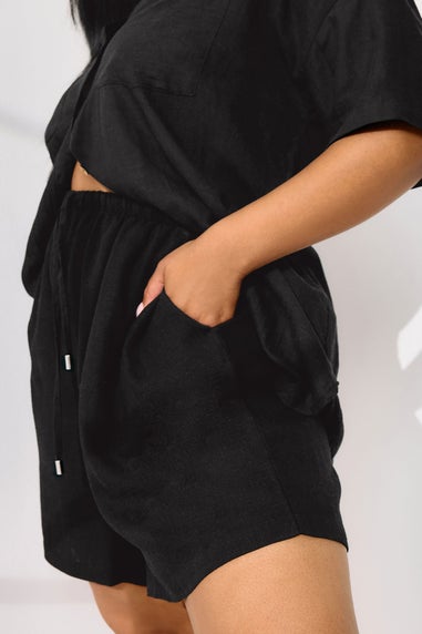 Yours Curve Black Tie Front Linen Shorts