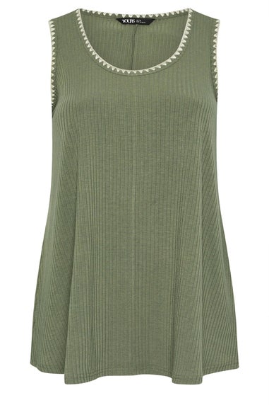 Yours Curve Khaki Green Contrast Blanket Stitch Ribbed Vest Top