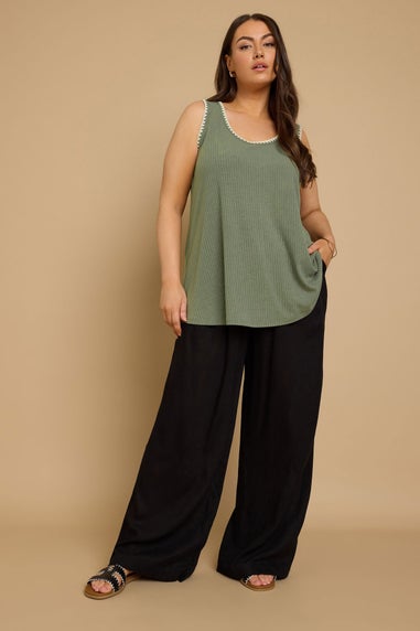 Yours Curve Khaki Green Contrast Blanket Stitch Ribbed Vest Top