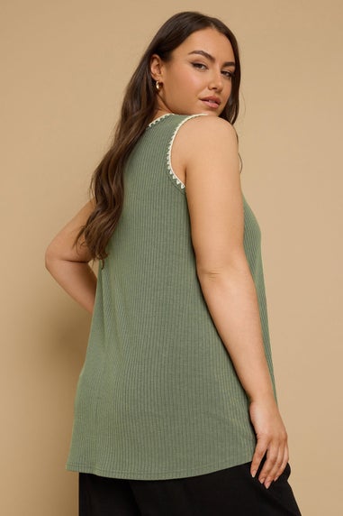 Yours Curve Khaki Green Contrast Blanket Stitch Ribbed Vest Top