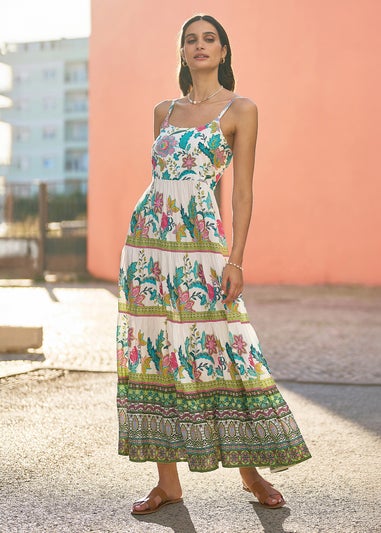 Yumi White Floral Block Print Tiered Maxi Sun Dress