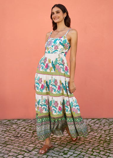 Yumi White Floral Block Print Tiered Maxi Sun Dress