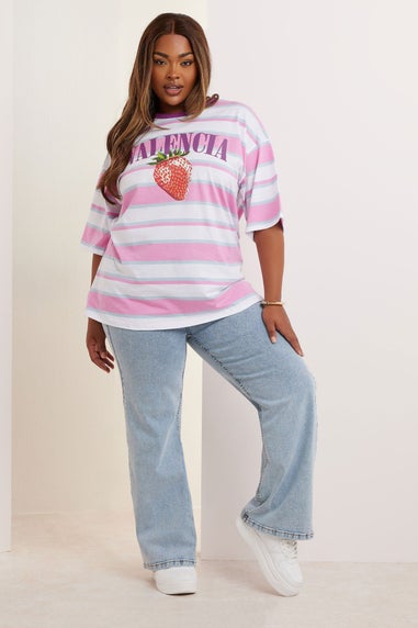 Yours Curve Pink 'Valencia' Slogan Stripe T-Shirt