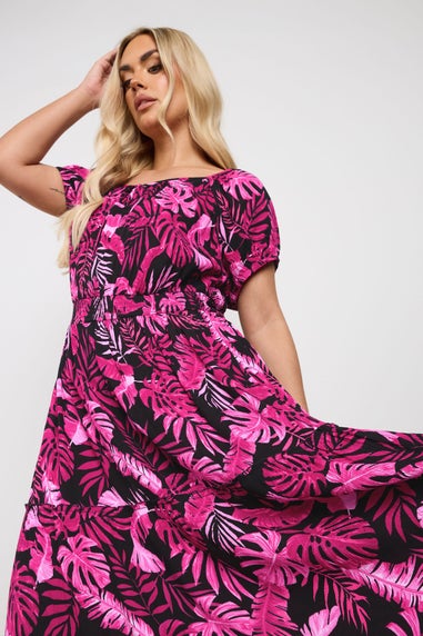 Yours Curve Hot Pink Palm Print Tie Neck Maxi Dress