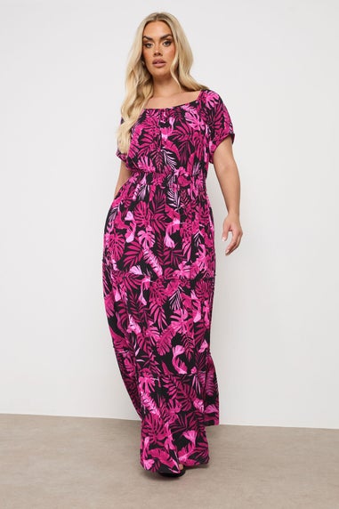 Yours Curve Hot Pink Palm Print Tie Neck Maxi Dress