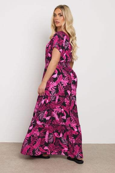 Yours Curve Hot Pink Palm Print Tie Neck Maxi Dress