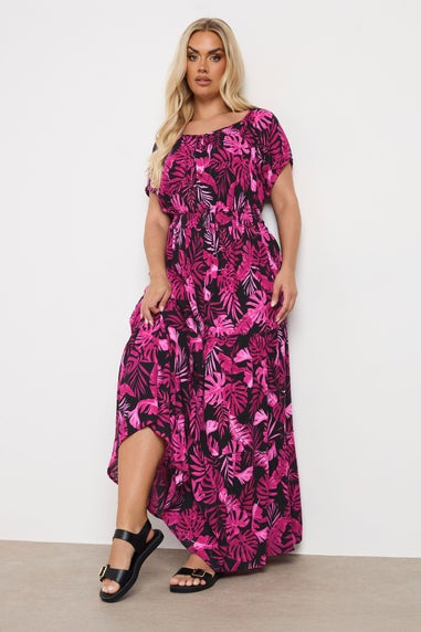 Yours Curve Hot Pink Palm Print Tie Neck Maxi Dress